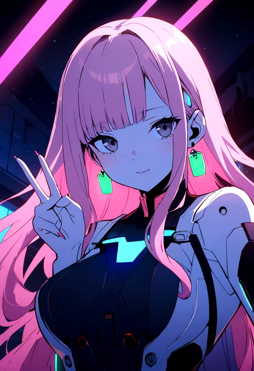 closeup, 1 girl, alone, [dark blue and pink hair: blue and pink hair:0.2], cyberpunk, high tech, V, mechanical parts, looking at audience, black eyes, long hair, luminous laser female super tech jumpsuit, cyberpunk mechanical body parts, with tattoos, interior, luminous laser earrings. high contrast, night, black, [freckles:0.9], reflective transparent rainbow, long hair, breasts, white skin most beautiful Korean woman's face, seductive expression, (relaxed pose: 1.5), eva, complex background, Sony a6300, extremely beautiful and gorgeous anime illustration, with cinematic perspective，(relaxed pose: 1. 5), eva, complex background, Sony a6300, extremely beautiful and gorgeous anime illustration with a cinematic perspective.