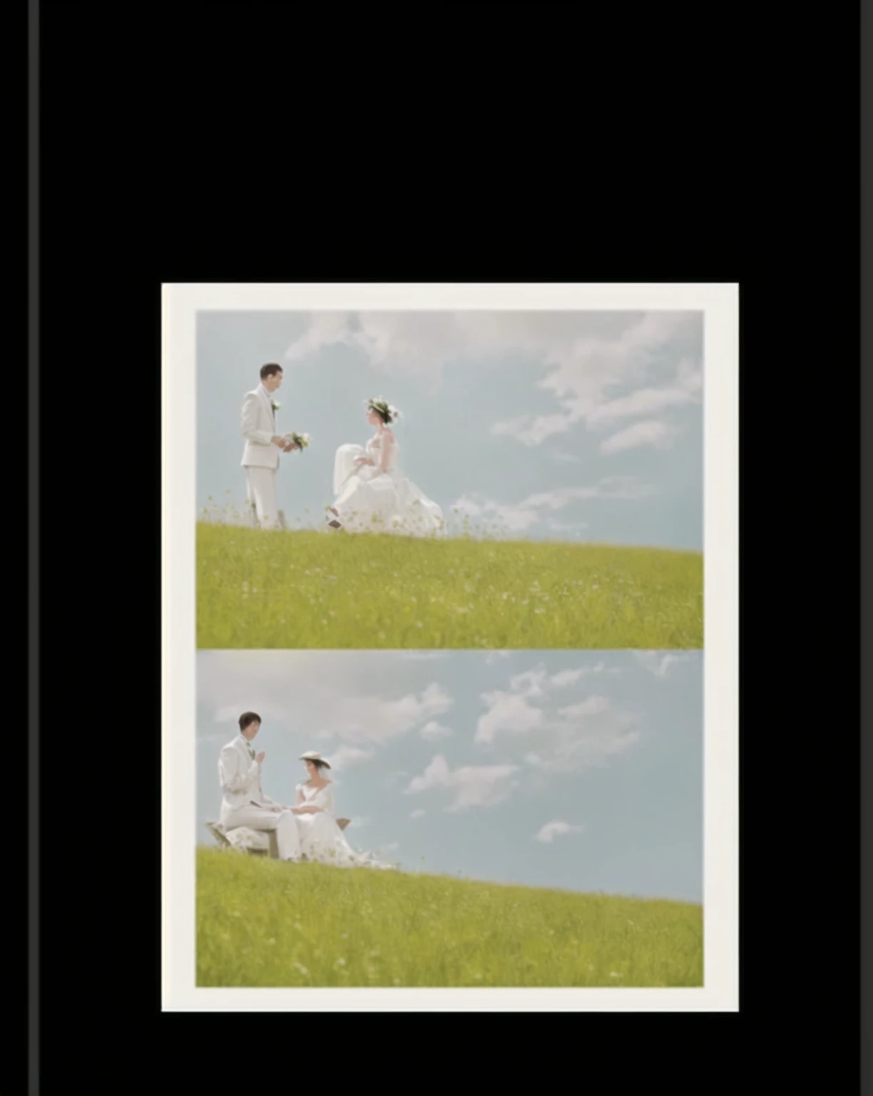 Two close-up photos：A man and a woman sit on a grassy hillside, Vertical Frame, Wedding Photos, Wedding Photosgraphy, Award-winning photos!, author Tanaka Isson, Photographic Illustration, professional Wedding Photosgraphy, [ Realistic photos ]!!, author：Tadanari Ono, author Ueda Fumito, Award-winning photos, Full Movie