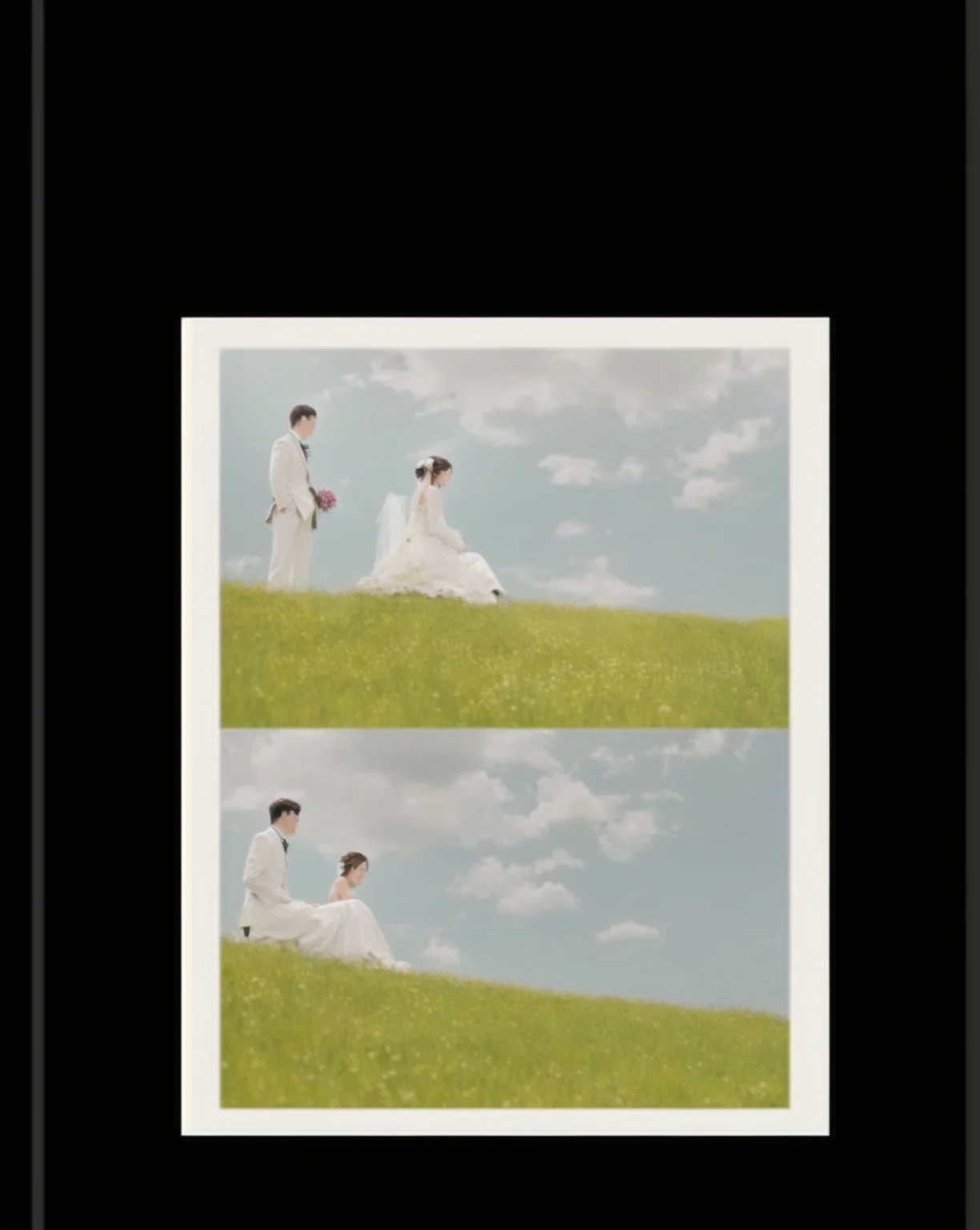 Two close-up photos：A man and a woman sit on a grassy hillside, Vertical Frame, Wedding Photos, Wedding Photosgraphy, Award-winning photos!, author Tanaka Isson, Photographic Illustration, professional Wedding Photosgraphy, [ Realistic photos ]!!, author：Tadanari Ono, author Ueda Fumito, Award-winning photos, Full Movie
