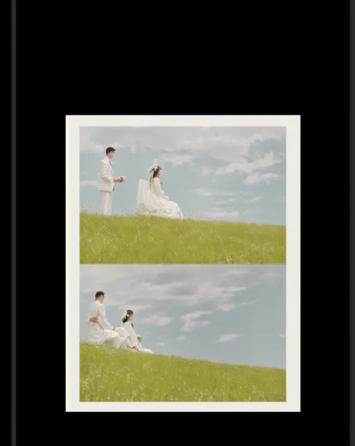 Two close-up photos：A man and a woman sit on a grassy hillside, Vertical Frame, Wedding Photos, Wedding Photosgraphy, Award-winning photos!, author Tanaka Isson, Photographic Illustration, professional Wedding Photosgraphy, [ Realistic photos ]!!, author：Tadanari Ono, author Ueda Fumito, Award-winning photos, Full Movie