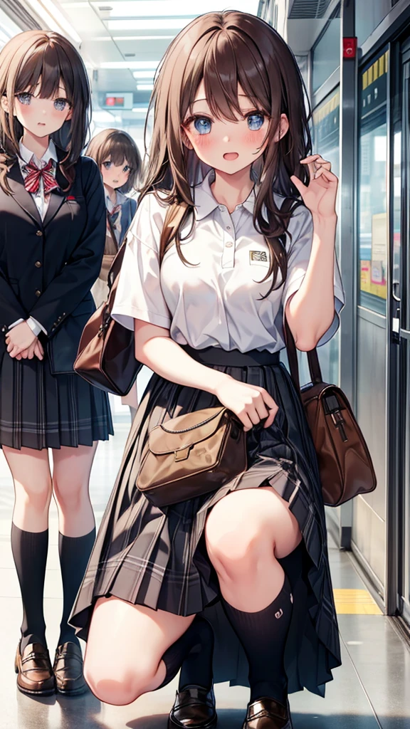 long hair, looking at viewer, blush, smile, open mouth, bangs, blue eyes, (multiple girls:1.4), skirt, brown hair, shirt, black hair, short sleeves, brown eyes, long hair, squatting, white polo shirt, pleated skirt, outdoors, open clothes, shoes, day, socks, striped, collared shirt, hand up, 3girls, bag, plaid, kneehighs, nose blush, plaid skirt, brown footwear, flying sweatdrops, loafers, grey skirt, school bag, diagonal stripes, train station