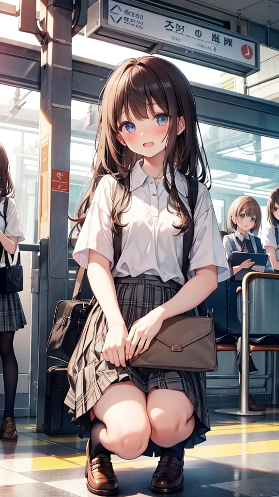 long hair, looking at viewer, blush, smile, open mouth, bangs, blue eyes, (multiple girls:1.4), skirt, brown hair, shirt, black hair, short sleeves, brown eyes,  long hair, squatting, white polo shirt, pleated skirt, outdoors, open clothes, shoes, day, socks, striped, collared shirt, hand up, 3girls, bag, plaid, kneehighs, nose blush, plaid skirt, brown footwear, flying sweatdrops, loafers, grey skirt, school bag, diagonal stripes, train station