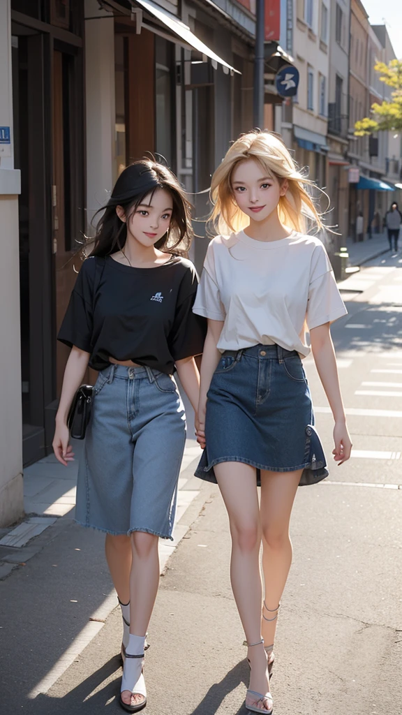 Please create an image of a stunning beauty who is half French and half Japanese. She has an exceptionally beautiful face, with striking blue eyes and long, straight blonde hair. She wears a cute dress and has a joyful smile, with the corners of her mouth turned up. The second person is a man with black hair and long bangs. He wears a T-shirt and denim. His expression is slightly bashful. The composition should depict both of them in full-body view, walking side by side. They appear to be having a conversation while walking together. Their eyes meet, and they share a happy laugh. The background is a university campus