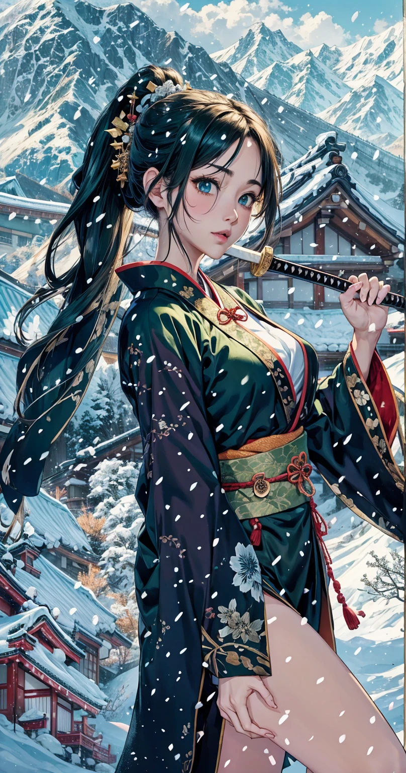 cute、Snow Mountain、Japanese House、He has a Japanese sword in his left hand.、Dark green kimono、Exposing thighs、that'it's snowing、silver world、Yellow-green floral kimono、The Japanese sword in his left hand shines brightly..、Japanese swords are long、The Japanese sword in his right hand is connected behind his head..