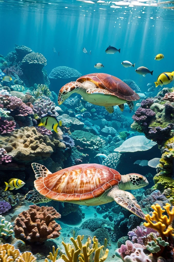 In the fantastic sea，Swimming tropical fish，sea turtle