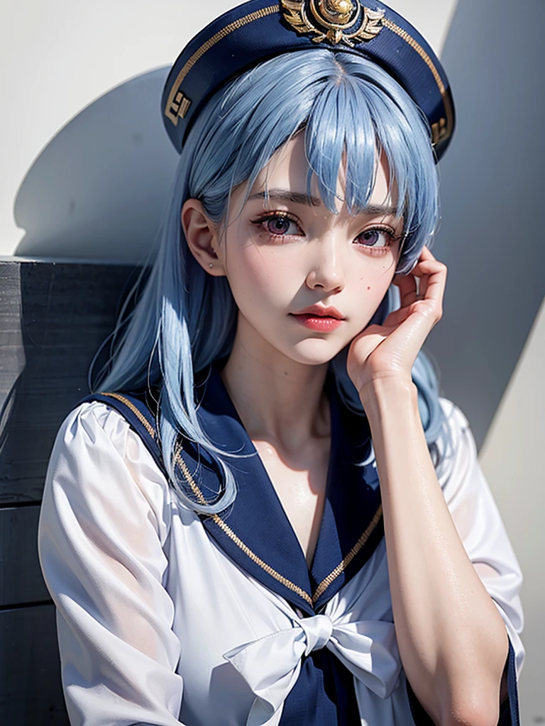 masterpiece, Highest quality, 8K, Detailed skin texture, Detailed cloth texture, Beautifully detailed face, Intricate details, Very detailed, Portrait of Rei Ayanami, Blue Hair,,Sailor suit,Red eyes, Remember, The background is white