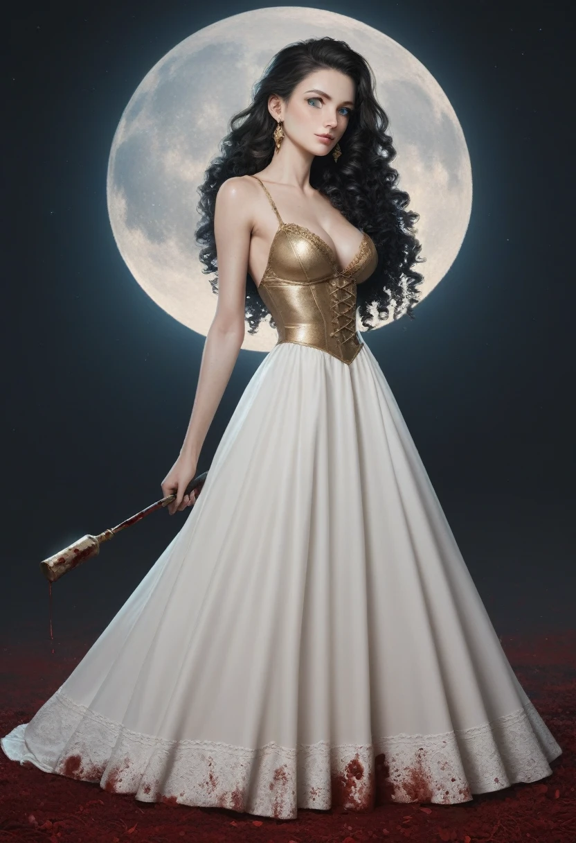score_9, score_8_up, score_7_up, score_6_up, 1girl, solo, (black_hair:1.5), wavy_hair, jewelry, dress, blue_eyes, earrings, (long_hair:1.5), looking_at_viewer, curly_hair, full_body, lips, lace, white_dress, gold_dress, (night:1.3), cxqz8r, medieval_dress, medieval_landscape, fullmoon, rpg, (uso_da:1.5), narrow_waist, (skinny:1.3), (pale_skin:1.4), (large_:1.2), (severed_arm:1.5) in the hand, blood, blood_on_hands, blood_on_clothes, (holding_limb:1.5)