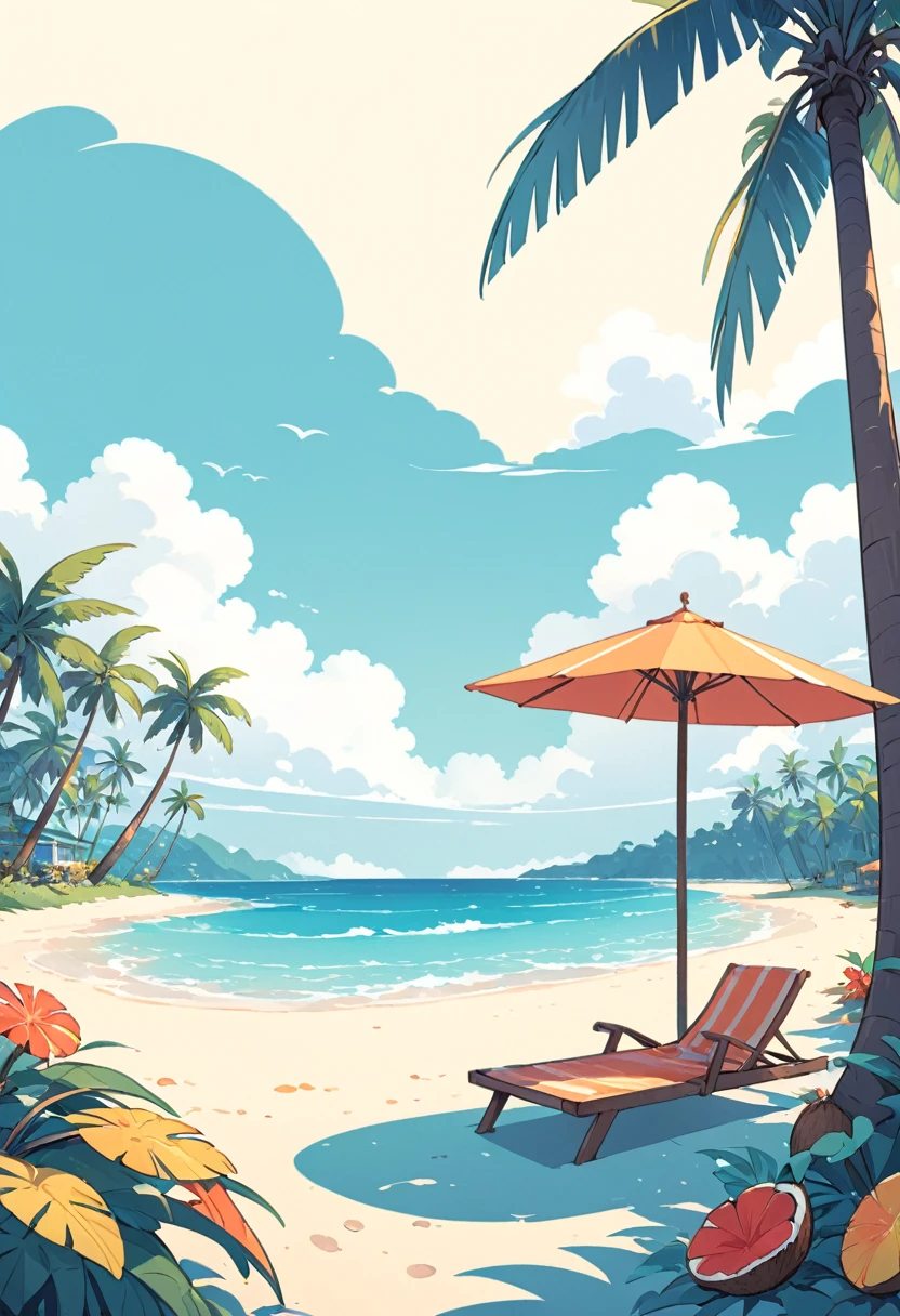 coconut tree，Cartoon，summer，Illustration style，Flat illustrations，Blue seaside，White clouds，Simple picture，Fresh，vibrant hues；