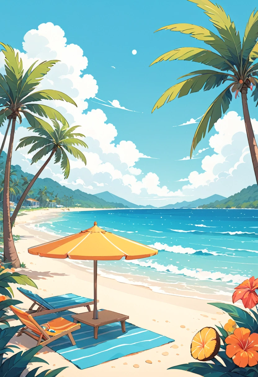 coconut tree，Cartoon，summer，Illustration style，Flat illustrations，Blue seaside，White clouds，Simple picture，Fresh，vibrant hues；