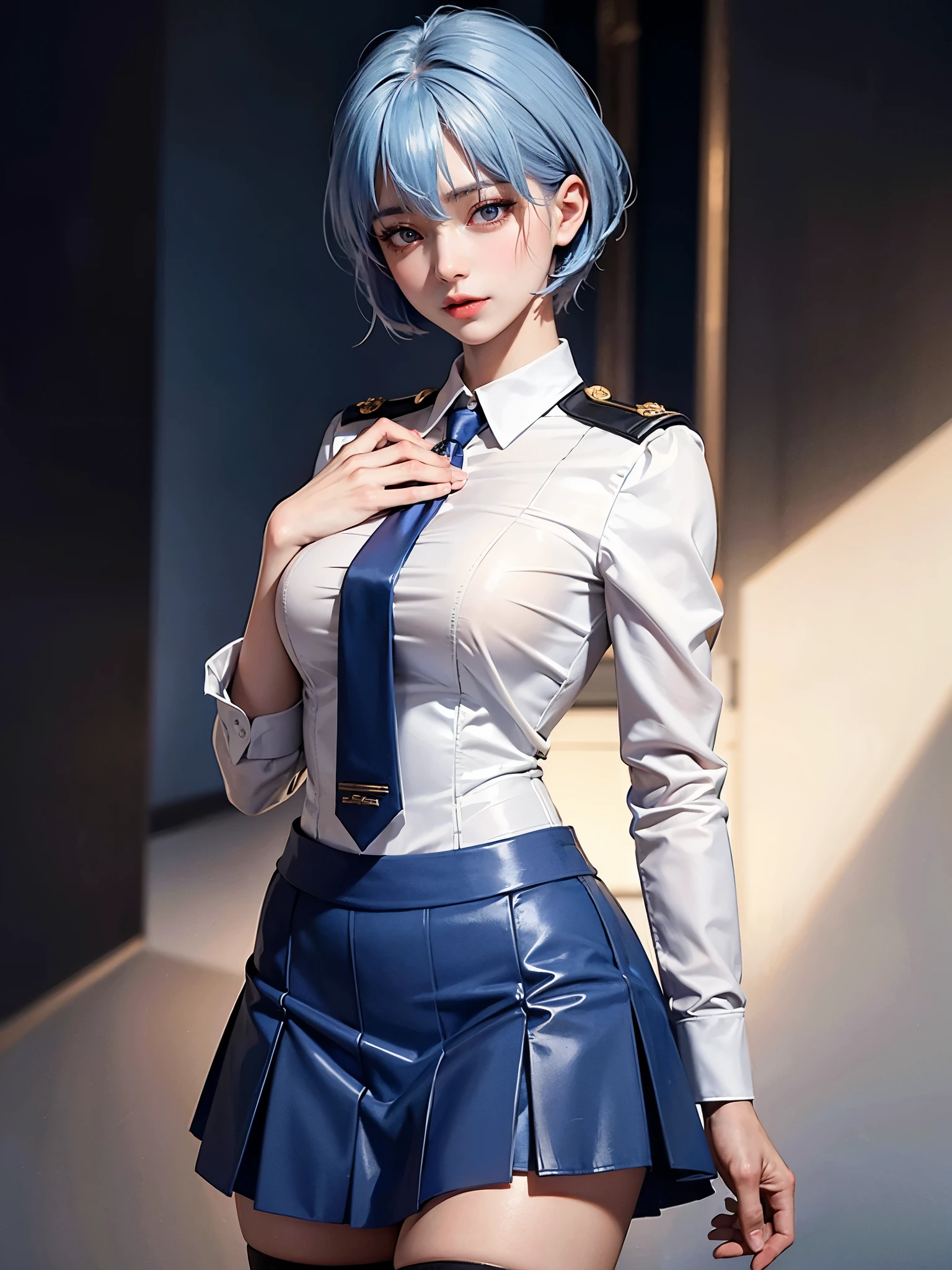 masterpiece, Highest quality, 8K, Detailed skin texture, Detailed cloth texture, Beautifully detailed face, Intricate details, Very detailed, Portrait of Rei Ayanami, Blue Hair, mini skirt,uniform,Red eyes, Remember, The background is white