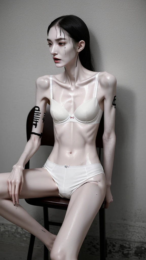 a woman, very thin body, body visible bones, very slender, sweaty wet body, pale white skin, panties, bra,tatto, full body, has a mental breakdown in an underground prison, sit on chair