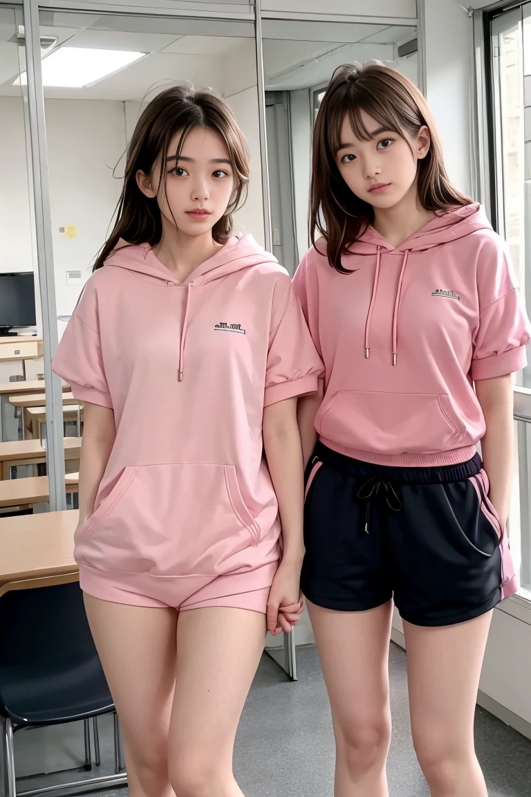 deux femmes ensemble de 18 ans sexy et mince , pink short sleeve hoodie , salle de classe, se touche,position sey,sensuel