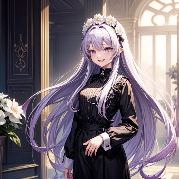 Long straight purple hair wearing a white flower headband wearing black clothes long sleeves black trousers funny face standing funny roblox smiling face 
