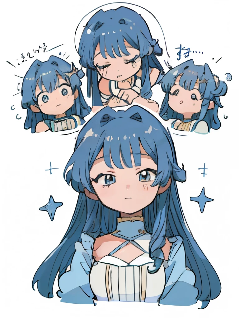 ((SFW)),multiple girls, multiple views, comic, Koma, border, chibi, simple background, chibi, simple background, stickers, different emotions, multiple expressions, happy, flustered, softly laughing, sleepy, tired, (best quality,4k,8k, high res,masterpiece:1.2), ((masterpiece)), (((best quality))), slightly muted colors, solo girl, 1 character only, same character, hair color, hairstyle fax, eyes, simple white background, clouds, flowy hair, stars in hair, adult, starry eyes, sea, ocean, celestial, hairstyle fax, deity, muted blue hair, sky-like hair with stars, ocean hair, soft smile, (({comforting aura})), many expressions