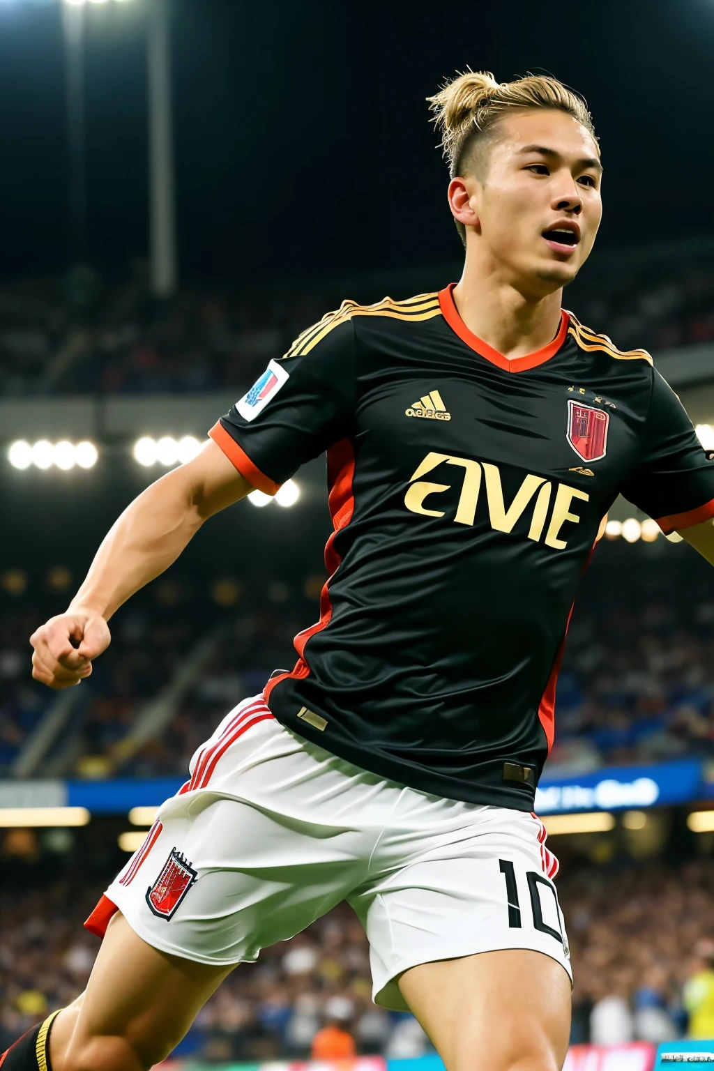 male japanese soccer player in a black jersey, 21 years old, white skin, blonde, man bun hairstyle, celebrating a goal, in a full stadium, japanese, hyper detailed, (best quality,4k,8k,highres,masterpiece:1.2),ultra-detailed,(realistic,photorealistic,photo-realistic:1.37),HDR,UHD,studio lighting,ultra-fine painting,sharp focus,physically-based rendering,extreme detail description,professional,vivid colors,bokeh,sports,action,motion blur,crowd cheering,dramatic lighting