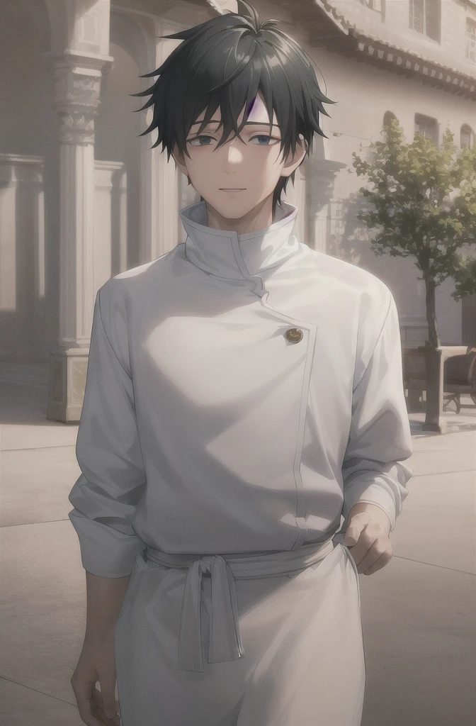(masterpiece:1.2, best quality), (finely detailed beautiful eyes: 1.2),1man, 1boy, (extremely detailed CG unity 8k wallpaper, masterpiece, best quality, ultra-detailed, best shadow), (detailed background), (beautiful detailed face, beautiful detailed eyes), yuta okkotsu, (white jacket:1.1), high collar, black eyes, smiling, male focus, looking at viewer,High contrast, (best illumination, an extremely delicate and beautiful),(simple backround, outdoors), cowboy shot