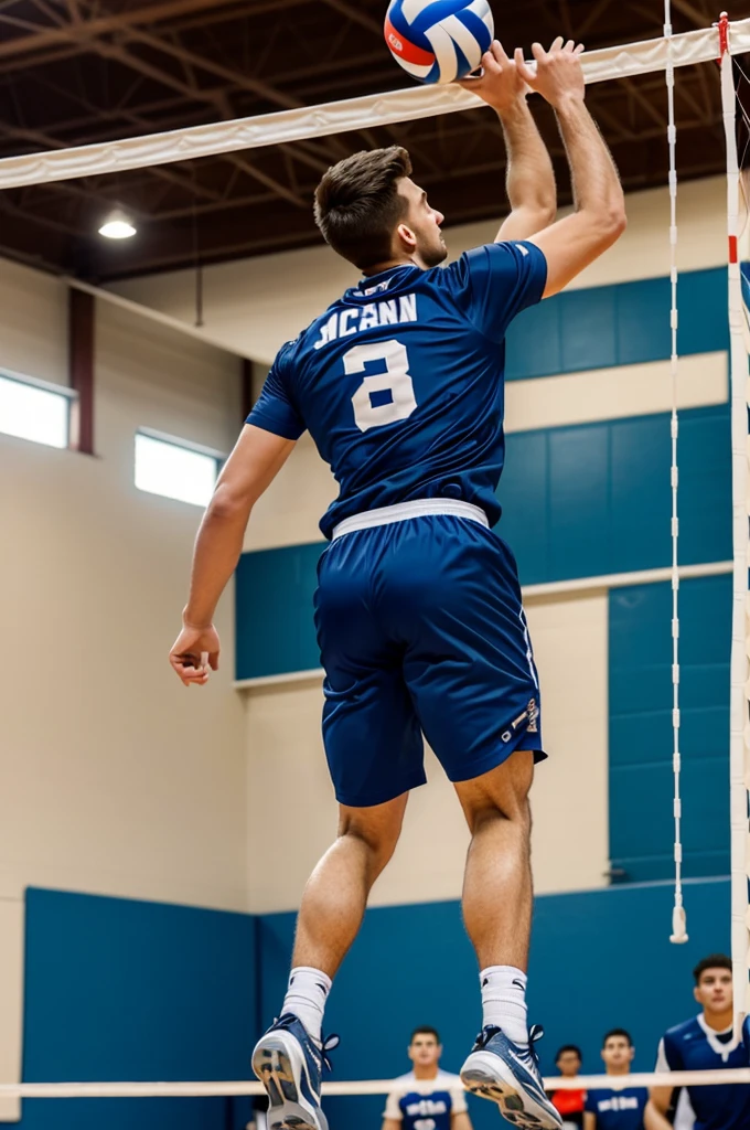 ((best quality)), ((masterpiece)), (detailed), a view from behind of a man volleyball player jumping on the net in volleyball gym while on his tshirt has been written MJ with number 3. Make sure you write number and name correctly