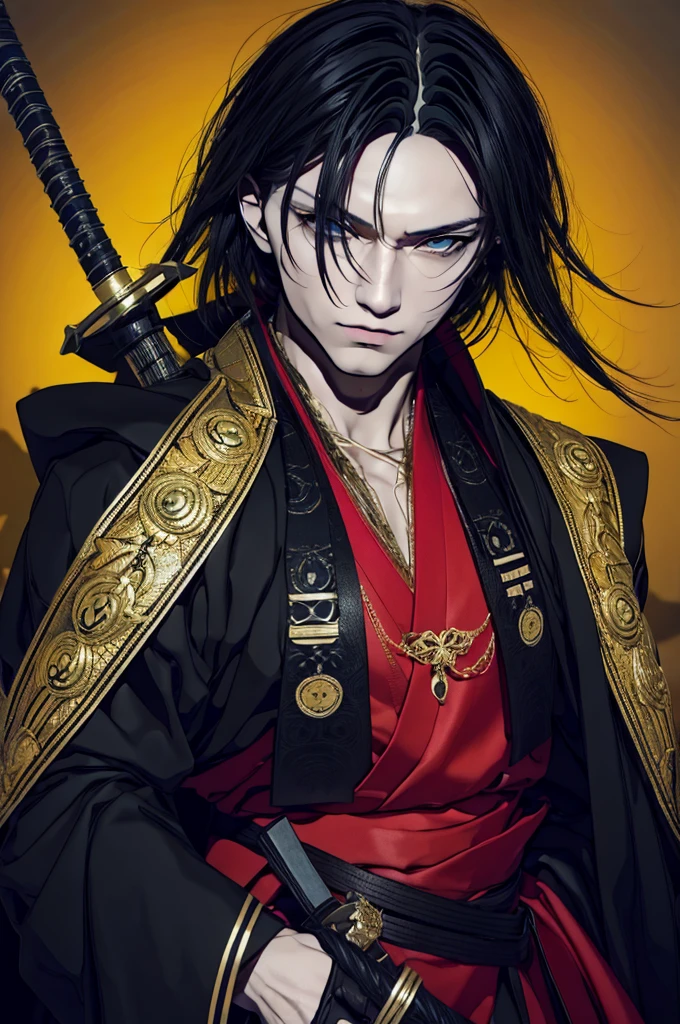 a close up of a person with a sword and a guy with a red dress, handsome guy in demon slayer art, best anime character design, detailed anime character art, anime character; full body art, anime character design a death god, character adoptable, handsome japanese demon boy, golden + concept art, official character art, onmyoji detailed art, beautiful male god of death a close up of a person in a black dress with a gold belt, flowing white robes, white haired deity, genshin impact character, golden-black robes, picture of a male samurai and death god, d&d dark sun character art, official character art, portrait of ororo munroe, holding a katana, holding a katana, holding a katana, holding a katana, holding a katana,golden effects, golden effects, effects, golden effects,black hair, black hair, black hair, black hair, black hair, golden effects, golden effects, BLUE eyes, BLUE eyes, BLUE eyes, BLUE eyes