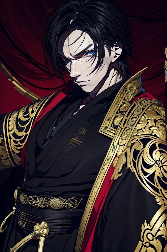 a close up of a person with a sword and a guy with a red dress, handsome guy in demon slayer art, best anime character design, detailed anime character art, anime character; full body art, anime character design a death god, character adoptable, handsome japanese demon boy, golden + concept art, official character art, onmyoji detailed art, beautiful male god of death a close up of a person in a black dress with a gold belt, flowing white robes, white haired deity, genshin impact character, golden-black robes, picture of a male samurai and death god, d&d dark sun character art, official character art, portrait of ororo munroe, holding a katana, holding a katana, holding a katana, holding a katana, holding a katana,golden effects, golden effects, effects, golden effects,black hair, black hair, black hair, black hair, black hair, golden effects, golden effects, BLUE eyes, BLUE eyes, BLUE eyes, BLUE eyes