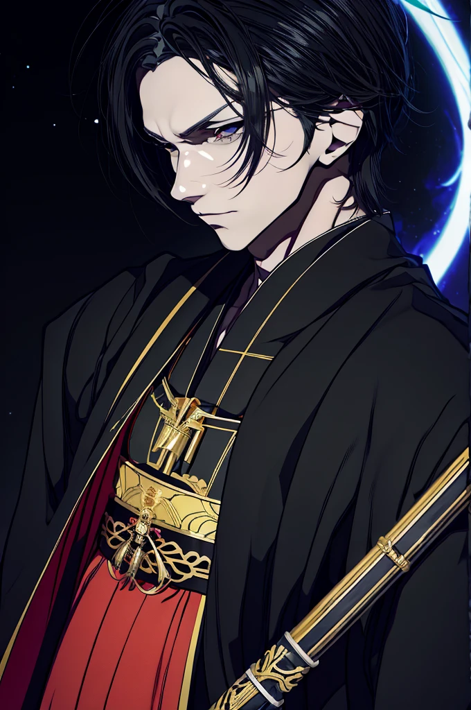 a close up of a person with a sword and a guy with a red dress, handsome guy in demon slayer art, best anime character design, detailed anime character art, anime character; full body art, anime character design a death god, character adoptable, handsome japanese demon boy, golden + concept art, official character art, onmyoji detailed art, beautiful male god of death a close up of a person in a black dress with a gold belt, flowing white robes, white haired deity, genshin impact character, golden-black robes, picture of a male samurai and death god, d&d dark sun character art, official character art, portrait of ororo munroe, holding a katana, holding a katana, holding a katana, holding a katana, holding a katana,golden effects, golden effects, effects, golden effects,black hair, black hair, black hair, black hair, black hair, golden effects, golden effects, BLUE eyes, BLUE eyes, BLUE eyes, BLUE eyes