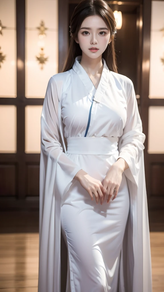 (masterpiece, best quality:1.2),1girl,Hanfu,front,Standing,(whole body:1.5),Dynamic poses,Bright eyes,Bright Eyes,Put your hands on your chest,