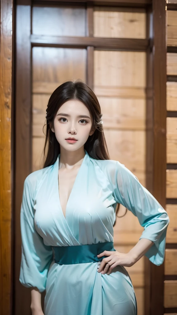 (masterpiece, best quality:1.2),1girl,Hanfu,front，Standing，（whole body：1.5），Dynamic poses，Bright eyes，Bright Eyes，Put your hands on your chest，