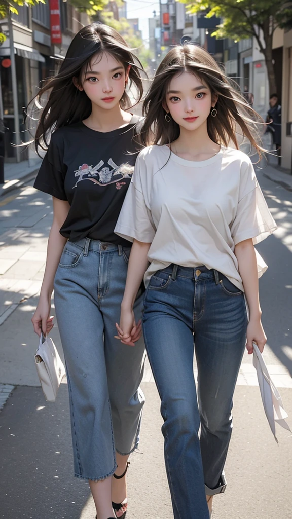 (RAW photogr,超高分辨率,tmasterpiece,best qualtiy:1.4),Complicated details,2 20 year old Korean girls,Wear a loose black T-shirt and skinny jeans,Stand on the grass and take pictures,hugs,Intimate relationships,Detailed meadow,A sweet smile on a small face,The face and skin are pink and fair,Ultra-realistic facial details,Playful and coquettish pose,The calves are straight and slender:1.5,Wear high-end branded colorful travel shoes:1.5,eventide,warm color,Broad lighting,naturalshadow,taking a full body photo:1.8