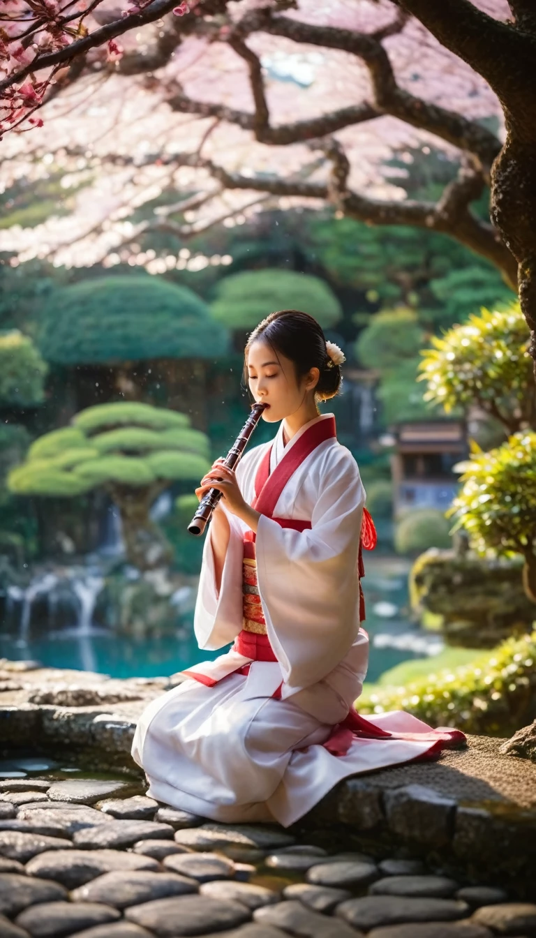 girl in traditional japanese costume playing flute, ancient house lit up with lights, big cherry tree, flowing waterfall flowing, beautiful girl, tiny eyes, tiny face, tiny hands, quiet morning atmosphere, soft focus, warm light, elegant rose petals, Japanese Zen garden, majestic beautiful blue lake in the background, peaceful mountains, mysterious mist, warm color effect, delicate bokeh effect, shallow DOF, Takashi Hiroaki's style, Japanese ink painting, high contrast, cinematic, surreal, 8k, detailed texture, vibrant colors, intricate details, meditative atmosphere