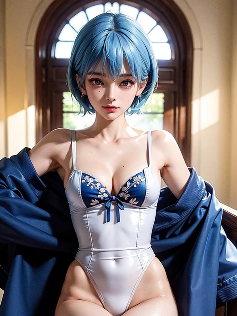 masterpiece, Highest quality, 8K, Detailed skin texture, Detailed cloth texture, Beautifully detailed face, Intricate details, Very detailed, Portrait of Rei Ayanami, Blue Hair,,Sailor suit,Red eyes, Remember, The background is white