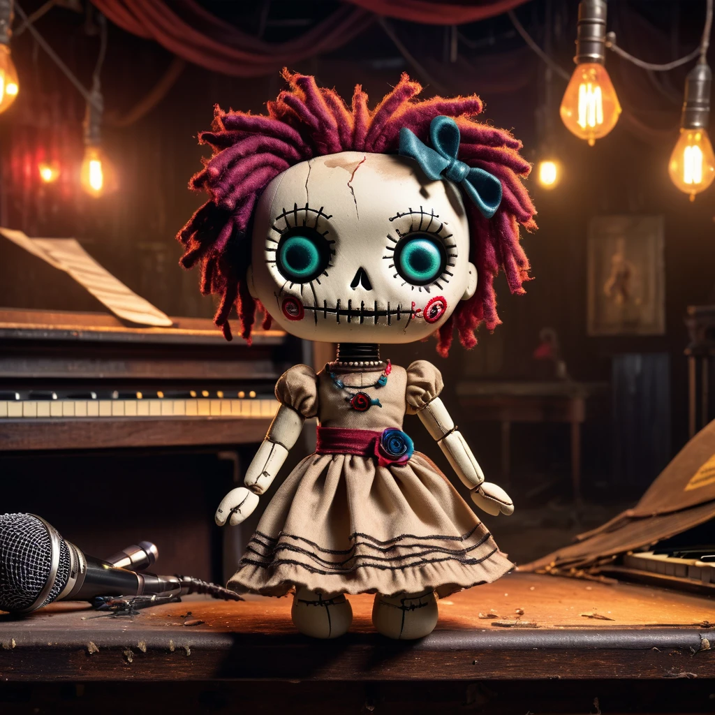 (knitted toy voodoo doll:1.2), (Voodoo Cursed Singer:1.3), (clothes Tattered dress, microphone, vintage jewelry:1.0), (in the background Abandoned nightclub, empty stage, broken piano:1.3), best quality, masterpiece, detailed soft oil painting, detailed background, dramatic cinematic lighting, soft edge lighting, professional, dramatic lighting, hard edge lighting, ultra quality, 4k,masterpiece, best quality, 8k, ultra highres, highres, extremely detailed