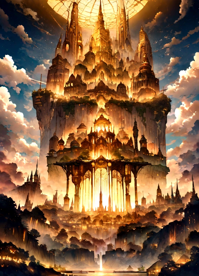 Painting of a city with a castle surrounded by angels flying around, Empyrian City, god々々godの領域, Utopian City, gold gates of heaven!!!!!!!!, Esoteric equation heaven, Heaven on Earth, Breathtaking芸術, Breathtaking, City in the Sky, Apocalypse in the city, City in the clouds, Elaborate dark paint