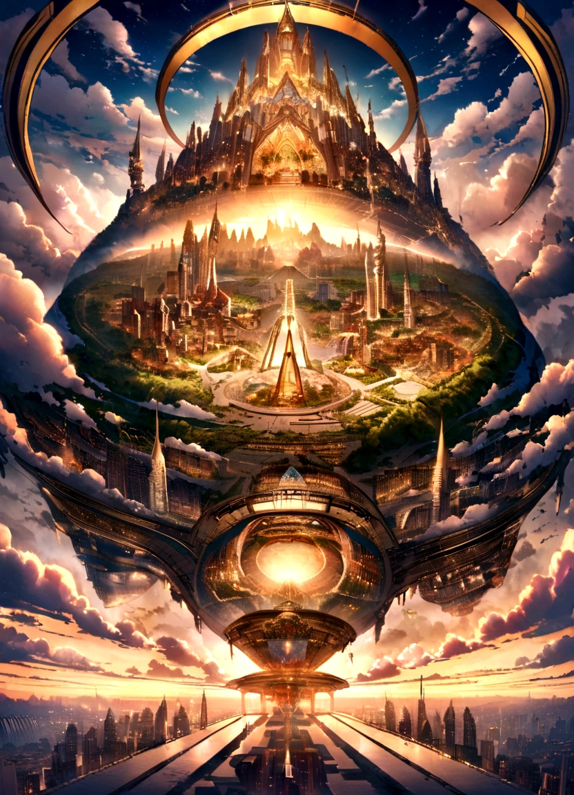 Painting of a city with a castle surrounded by angels flying around, Empyrian City, god々々godの領域, Utopian City, gold gates of heaven!!!!!!!!, Esoteric equation heaven, Heaven on Earth, Breathtaking芸術, Breathtaking, City in the Sky, Apocalypse in the city, City in the clouds, Elaborate dark paint