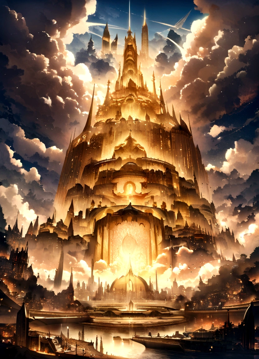 Painting of a city with a castle surrounded by angels flying around, Empyrian City, god々々godの領域, Utopian City, gold gates of heaven!!!!!!!!, Esoteric equation heaven, Heaven on Earth, Breathtaking芸術, Breathtaking, City in the Sky, Apocalypse in the city, City in the clouds, Elaborate dark paint