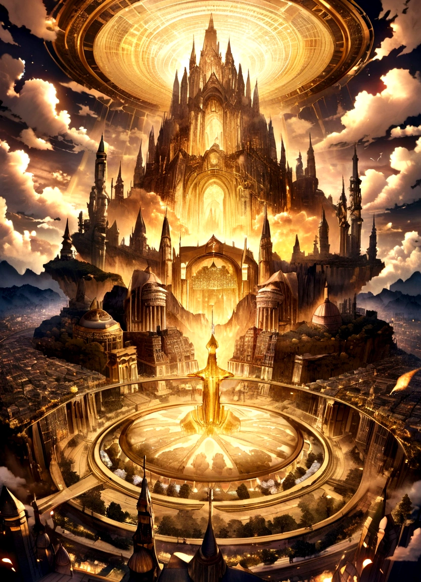 Painting of a city with a castle surrounded by angels flying around, Empyrian City, god々々godの領域, Utopian City, gold gates of heaven!!!!!!!!, Esoteric equation heaven, Heaven on Earth, Breathtaking芸術, Breathtaking, City in the Sky, Apocalypse in the city, City in the clouds, Elaborate dark paint