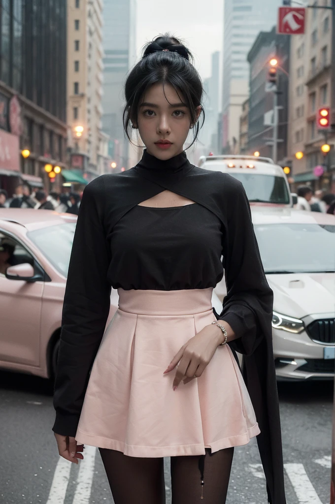 (((best quality))),(((ultra detailed))),(((masterpiece))),illustration,1girl,slim,vibrant rose-pink cotton dress,short ponytail,flat chest,pantyhose,standing, bustling city streets, honking cars,surrounded by crowded crowds, colorful advertisements,enjoying sights and sounds,(dark black skin:1.5),(day scene:1.3),upper body,arms behind back
