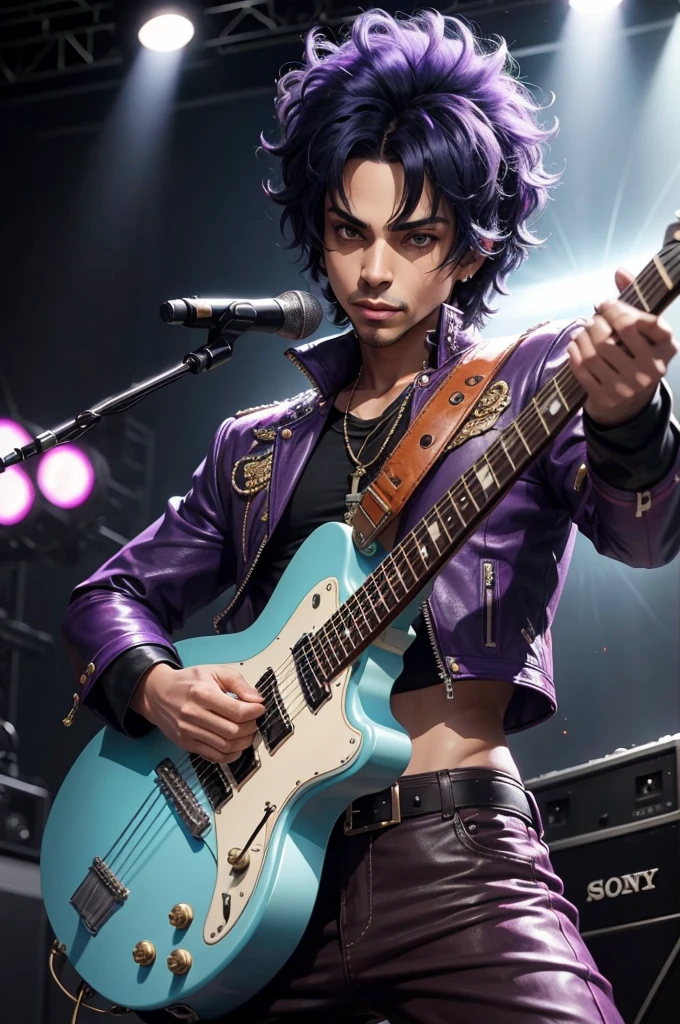 A highly detailed photograph with PRINCE as a rocker with PURPLE leather jacket, with a YELOLOW electric guitar in an action pose. Sun Beam. Cinematic. Lightning. Gigantic text "QUEEN” giant speakers at the background! Super High ultra resolution, hyper photorealistic, 255K, super hyper, Sony A7S Ill, f/ 9.0, 1/400. sharp-focus, megapixel.