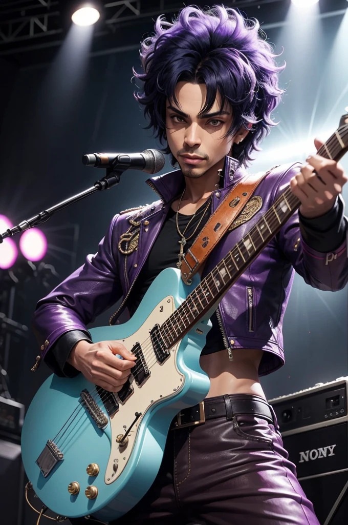 A highly detailed photograph with PRINCE as a rocker with PURPLE  leather jacket, with a YELOLOW  electric guitar in an action pose. Sun Beam. Cinematic. Lightning. Gigantic text "QUEEN” giant speakers at the background! Super High ultra resolution, hyper photorealistic, 255K, super hyper, Sony A7S Ill, f/ 9.0, 1/400. sharp-focus, megapixel.