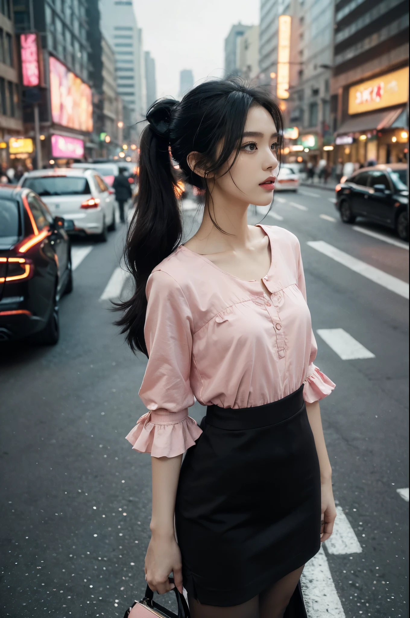 (((best quality))),(((ultra detailed))),(((masterpiece))),illustration,1girl,slim,vibrant rose-pink cotton dress,short ponytail,flat chest,pantyhose,standing, bustling city streets, honking cars,surrounded by crowded crowds, colorful advertisements,enjoying sights and sounds,(dark black skin:1.5),(day scene:1.3),upper body,arms behind back