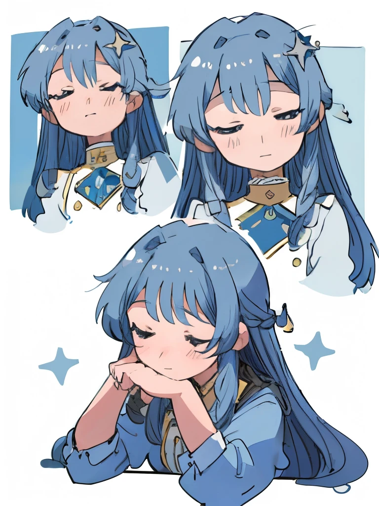 ((SFW)),multiple girls, multiple views, comic, Koma, border, chibi, simple background, chibi, simple background, stickers, different emotions, multiple expressions, happy, flustered, softly laughing, sleepy, tired, (best quality,4k,8k, high res,masterpiece:1.2), ((masterpiece)), (((best quality))), slightly muted colors, solo girl, 1 character only, same character, hair color, hairstyle fax, eyes, simple white background, clouds, flowy hair, stars in hair, adult, starry eyes, sea, ocean, celestial, hairstyle fax, deity, muted blue hair, sky-like hair with stars, ocean hair, soft smile, (({comforting aura})), many expressions