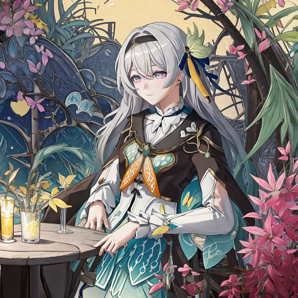 (​masterpiece、top-quality、top-quality、Official art、Beautifully Aesthetic:1.2)、highly detailed、(Fractal Art:1.3)、colourfull、highestdetailed、Beautiful rendering、amazing wallpapers、picture frame、Detail Frame、 1 girl, solo, alone, gray hair, long hair, hair accessories, black headband, blue and pink gradient eyes, long sleeve, green skirt, green thighs, firefly from honkai star rail,