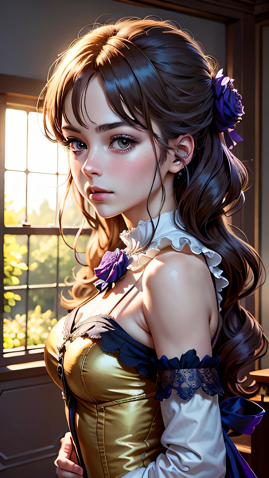 masterpiece, Highest quality, (8K wallpapers incorporating highly detailed CG), (Highest quality), (Best illustrations), (Best Shadow), (Stable Diffusion Model), Violet Evergarden, Sparkling, beautiful, victorian style bedroom, Dynamic Lighting, Written boundary depth､((Upper body portrait))､Upper body portrait