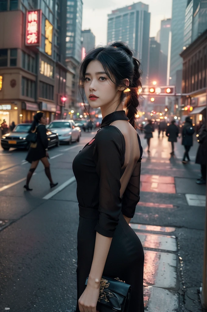 (((best quality))),(((ultra detailed))),(((masterpiece))),illustration,1girl,slim,vibrant rose-pink cotton dress,short ponytail,flat chest,pantyhose,standing, bustling city streets, honking cars,surrounded by crowded crowds, colorful advertisements,enjoying sights and sounds,(dark black skin:1.5),(day scene:1.3),upper body,arms behind back
