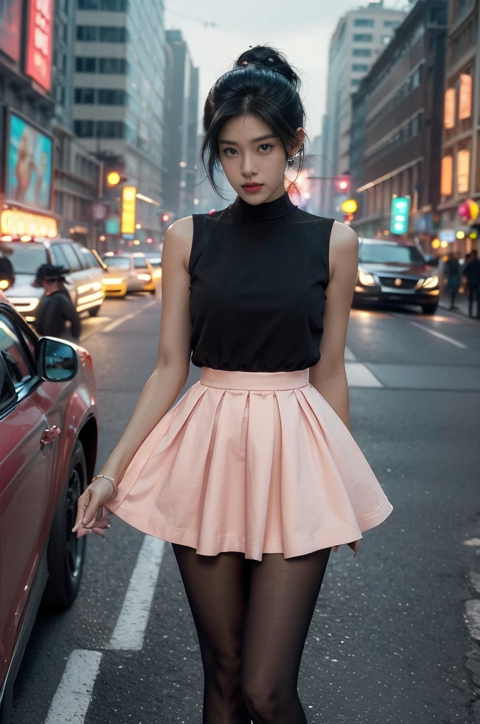(((best quality))),(((ultra detailed))),(((masterpiece))),illustration,1girl,slim,vibrant rose-pink cotton dress,short ponytail,flat chest,pantyhose,standing, bustling city streets, honking cars,surrounded by crowded crowds, colorful advertisements,enjoying sights and sounds,(dark black skin:1.5),(day scene:1.3),upper body,arms behind back
