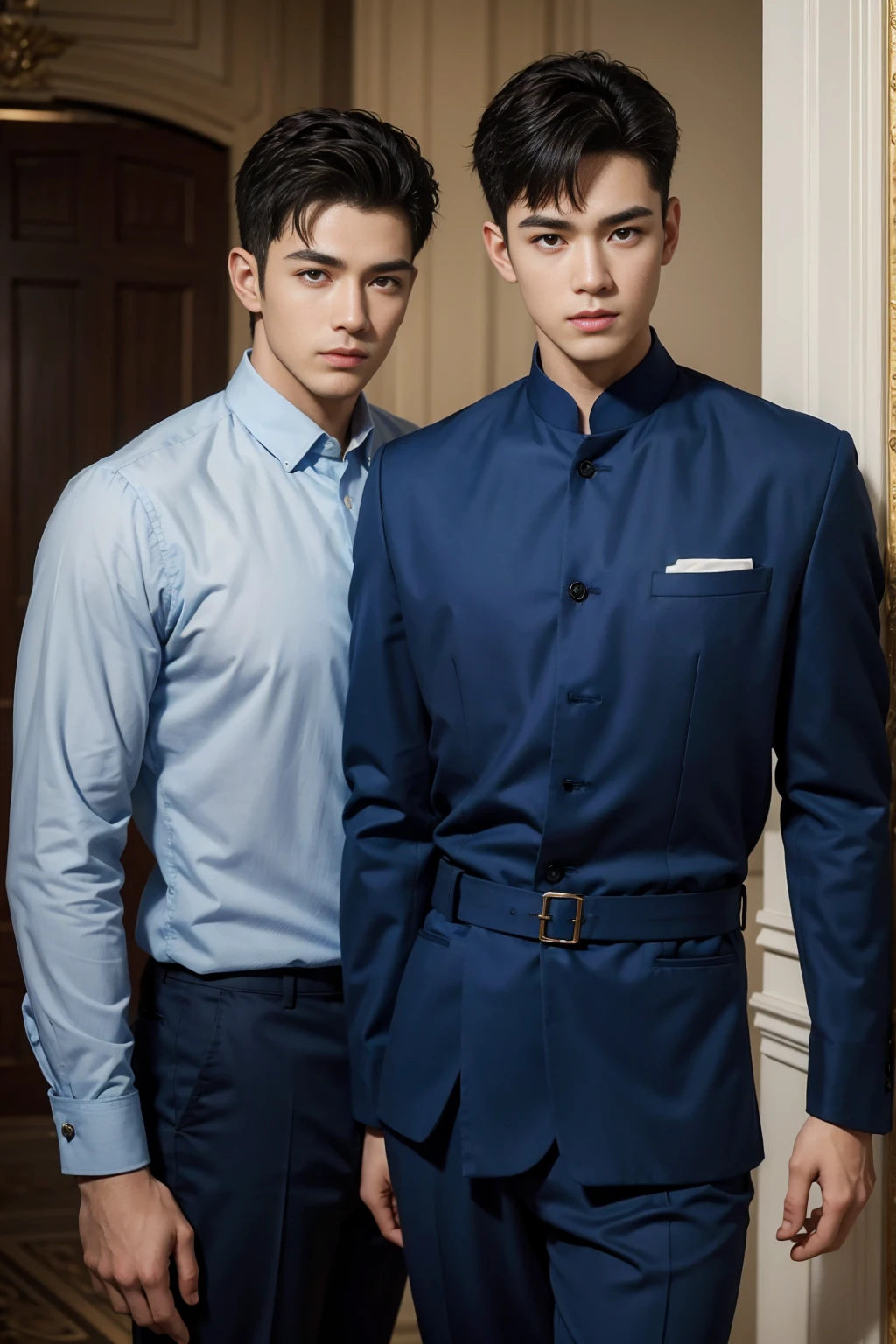 ((masterpiece)),((best quality)),8K,high detail,Very detailed, Very manly,2 men, like,fashion pose, Realistic skin texture, Light,
Royal blue style couple