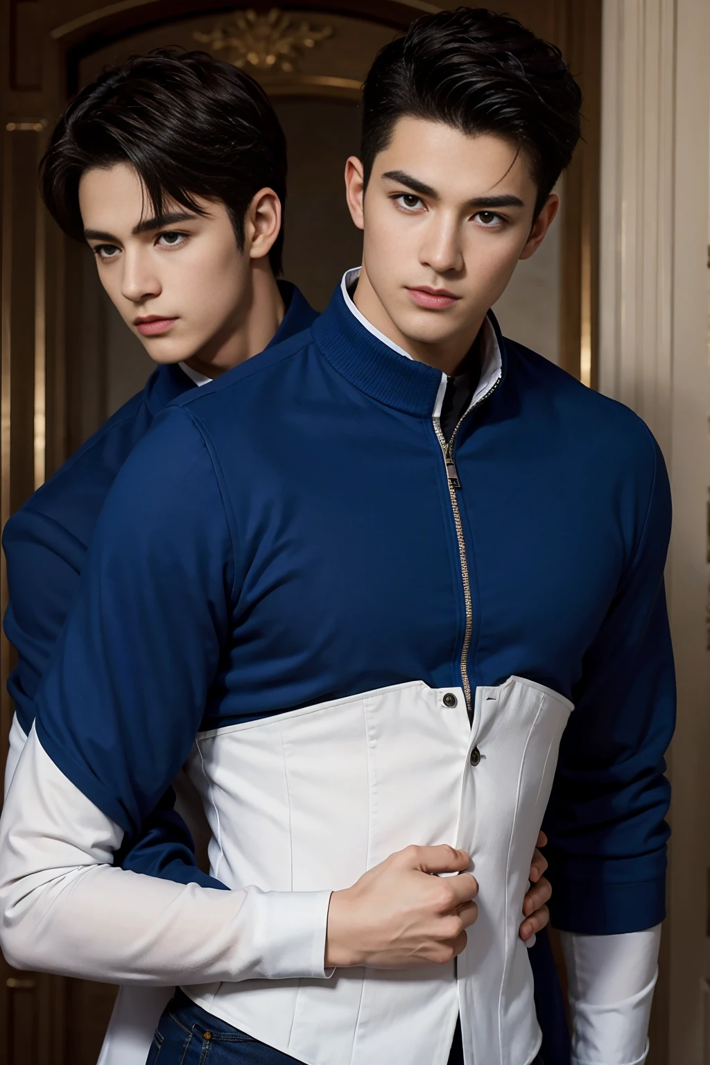 ((masterpiece)),((best quality)),8K,high detail,Very detailed, Very manly，2 men, like，fashion pose, Realistic skin texture, Light,
Royal blue style couple