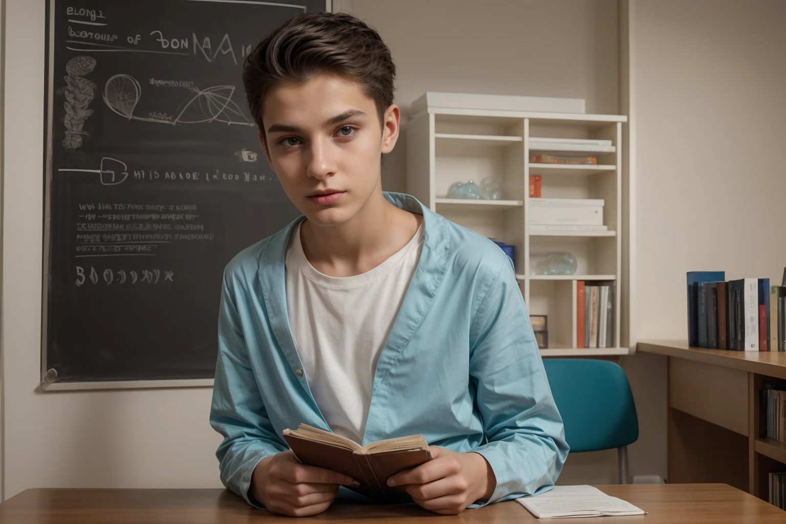 A young male twink boy, cute, beautiful, feminine, with a beautiful face with makeup, black hair, and his eyes have dark circles under them. He is wearing a long-sleeved aquamarine shirt and white jeans. He is in the College of Medicine, studying on the blackboard with brain anatomy written on it. He is sitting at a desk with scientific books on it.  Medical and brain anatomy manuscripts