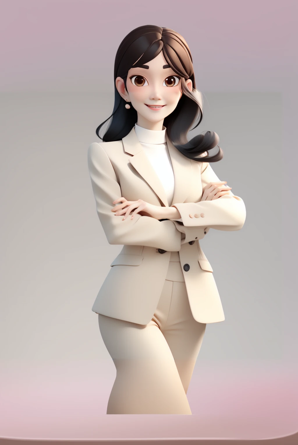 kk\(3d character\),1girl,solo,smile,brown eyes,pink background,Beige background,Black hair,looking at viewer,buttons,Shoulder-length hair,blush,