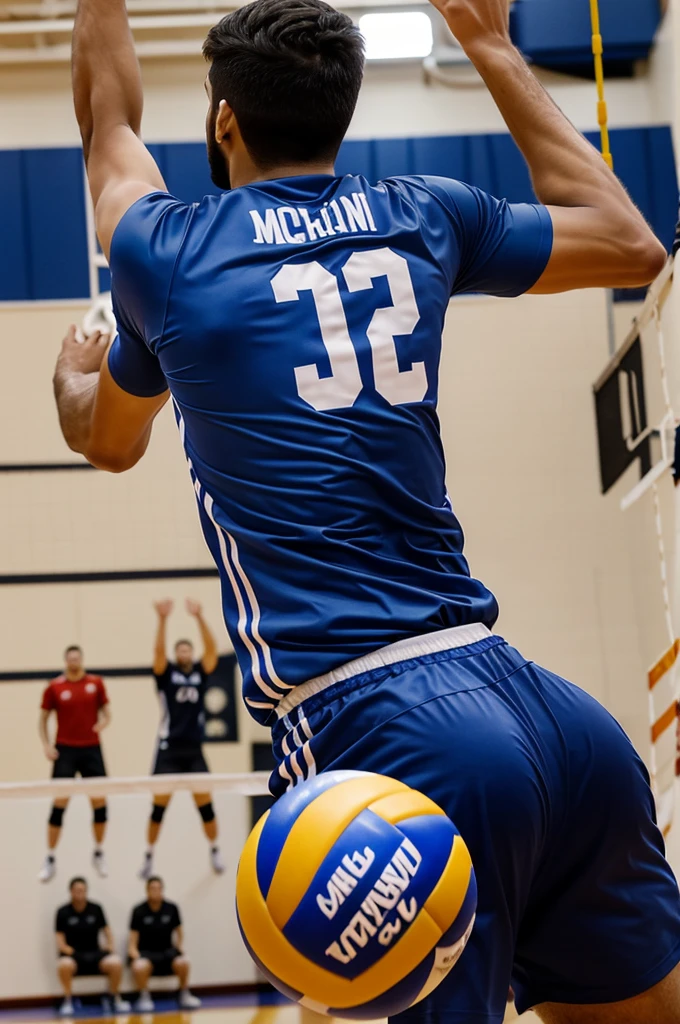 ((best quality)), ((masterpiece)), (detailed), a view from behind of a man volleyball player jumping on the net in volleyball gym while on his tshirt has been written MJ with number 3. Make sure you write number and name correctly
You didn't mention my information every time