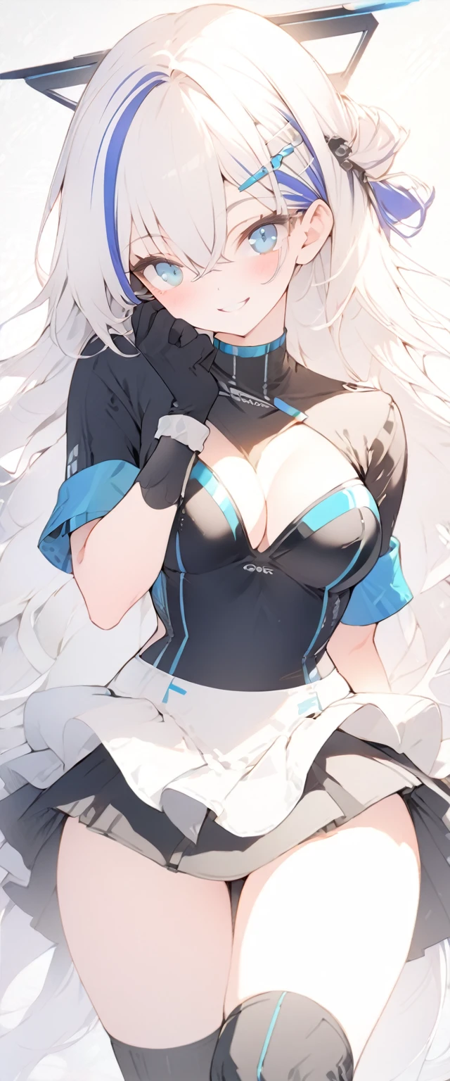 beautiful, masterpiece, Highest quality, anime, One girl, C Cup,Portrait Shot, View your viewers, Intricate details,>,((Covered、Long Hair、nearby、Blue Eyes、art、、White hair,Blue streaked hair、wallpaper、、hairpin、smile、Thighs、Sci-fi Race Queen、Plainer_Gloves、Plainer_Knee-high boots、Sci-fi underskirt