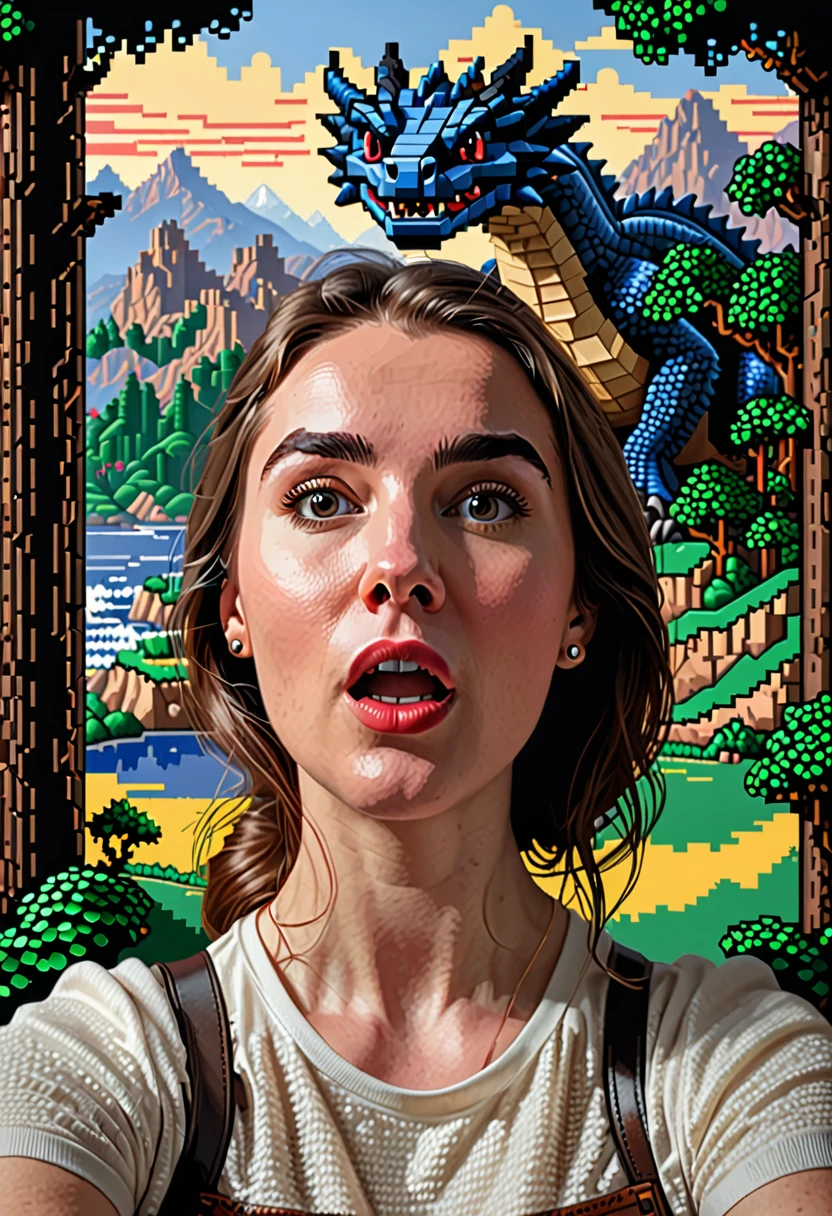 solo woman, raw photo in a sequence, selfie, she is looking at camera surprised , eyebrows raised, the background is (vintage 8-bit pixel art landscape:1.7), (she's realistic and background is pixel art landscape) and we see every detail of her incredible face with highest quality Leica camera capturing her 25 yo face, and yet, behind her is a 18 video game scroller full of dragons and dungeons